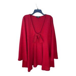 Suzanne Betro Red V-neck Knitted Tie Front Long Bell Sleeve Sweater Sz XL